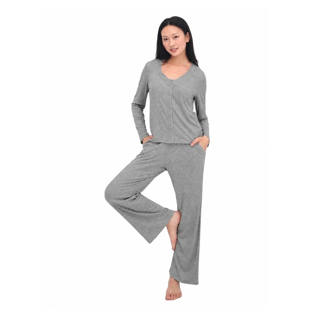 NWT Live 2 Lounge Womens 3 Piece Ribbed Cardigan Tank Pant Set Gray XXL Comfort